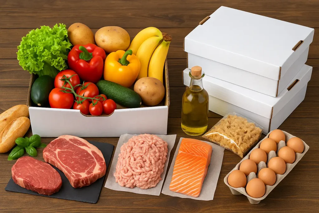 Forniture alimentari assortite con carne, verdure, pasta, uova e olio fornite da rappresentante alimentare a Firenze